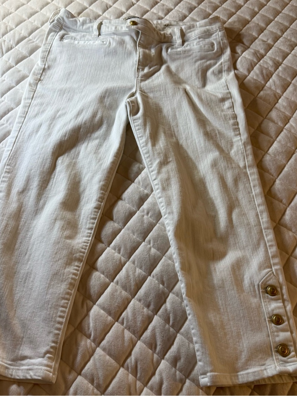 Liverpool White Skinny Crop Jeans Size 14 32 Gold Button Ankle Detail Stretch